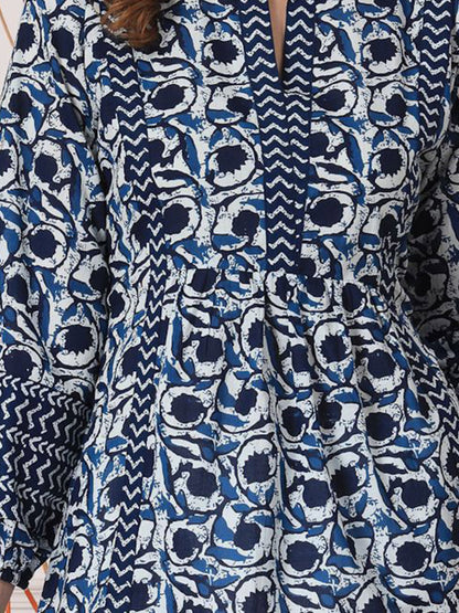 Navy Blue Ethnic Motifs A-Line Top for Women | Cotton | Mandarin Collar
