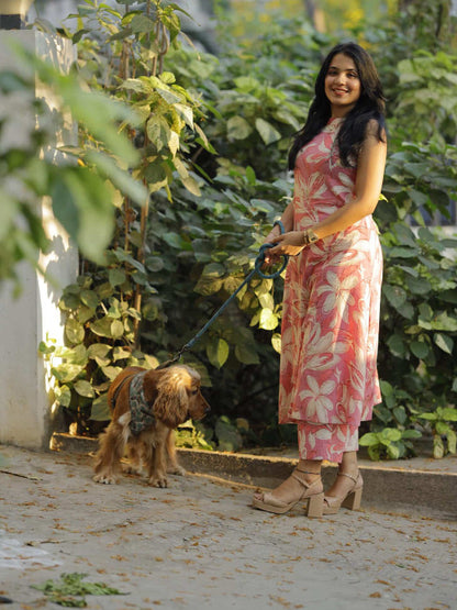 Floral Printed Band Collar Sleeveless Straight Kurta With Palazzos