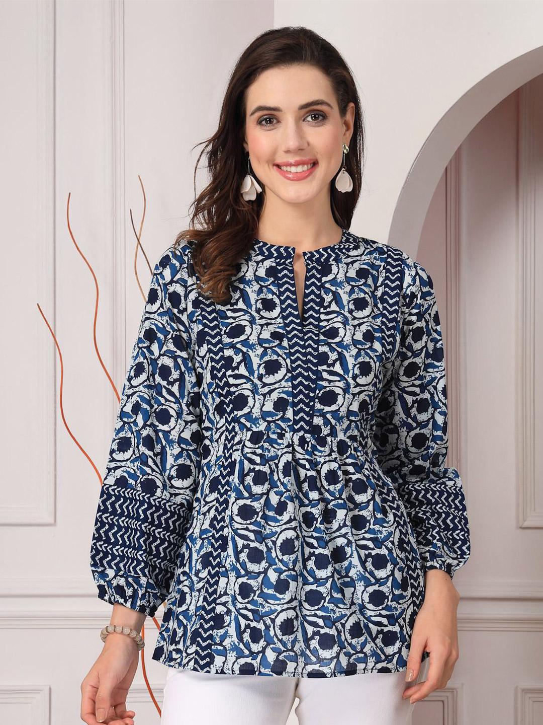 Navy Blue Ethnic Motifs A-Line Top for Women | Cotton | Mandarin Collar