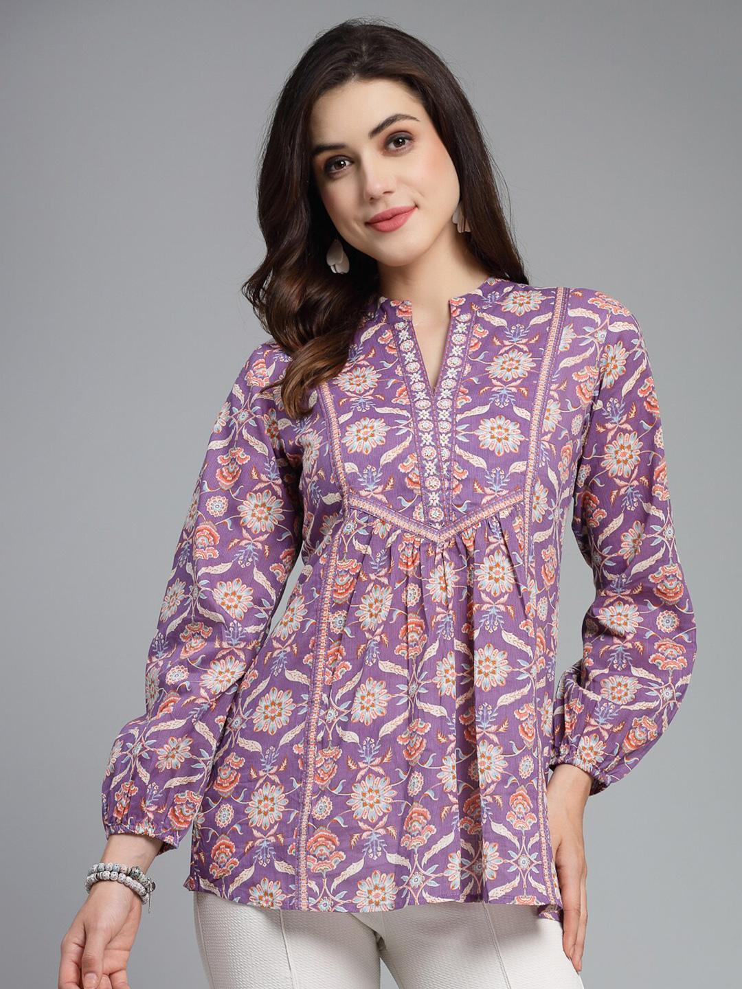 Purple Printed Cotton A-Line Top for Women | Ethnic Motif Mandarin Collar Top