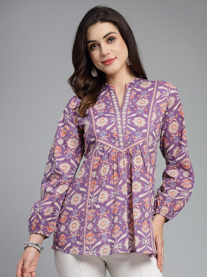 Purple Printed Cotton A-Line Top for Women | Ethnic Motif Mandarin Collar Top