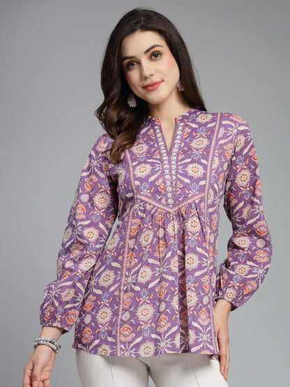 Purple Printed Cotton A-Line Top for Women | Ethnic Motif Mandarin Collar Top