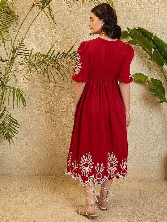 Red Embroidered Fit & Flare Cotton Dress for Women