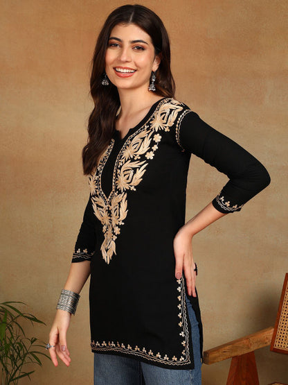 Black Gold Aari Work Kurti for Women | Embroidered Straight Liva Kurta