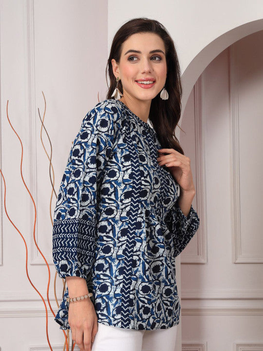 Navy Blue Ethnic Motifs A-Line Top for Women | Cotton | Mandarin Collar
