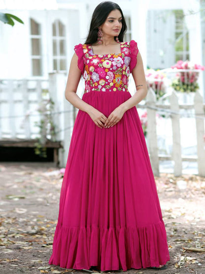 BYMN Floral Embroidered Square Neck Georgette Ruffles Ethnic Gown for Women