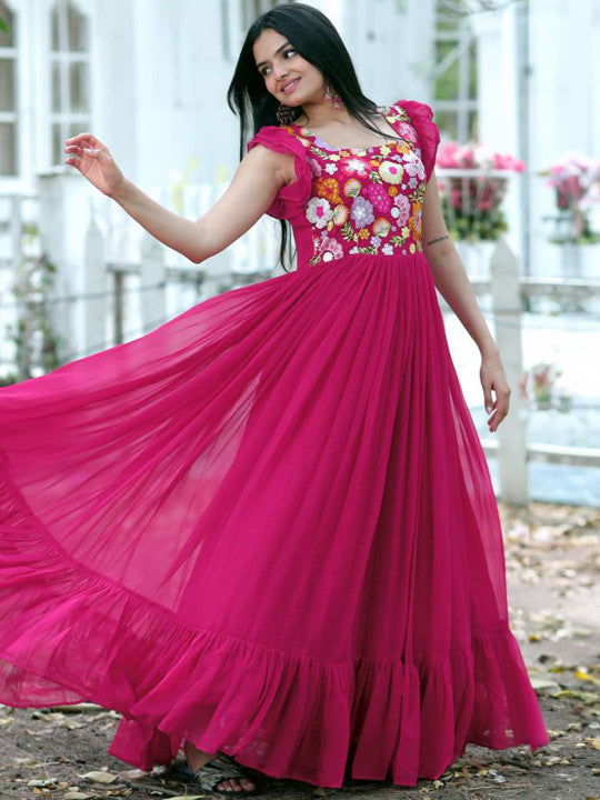 BYMN Floral Embroidered Square Neck Georgette Ruffles Ethnic Gown for Women