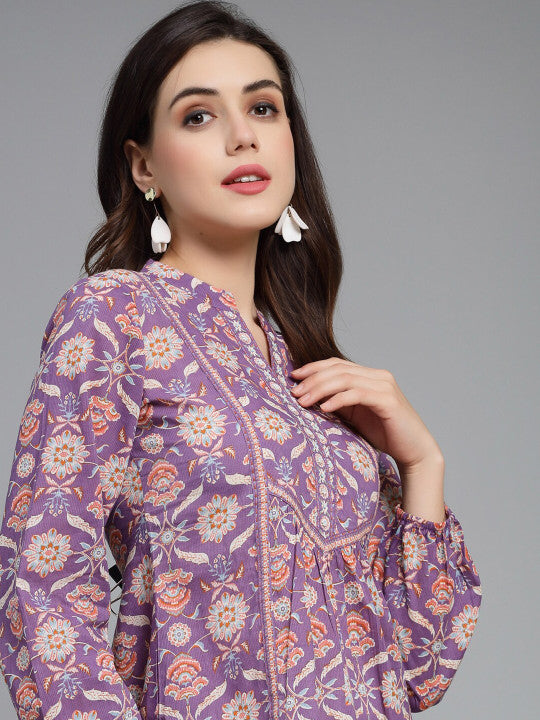 Purple Printed Cotton A-Line Top for Women | Ethnic Motif Mandarin Collar Top