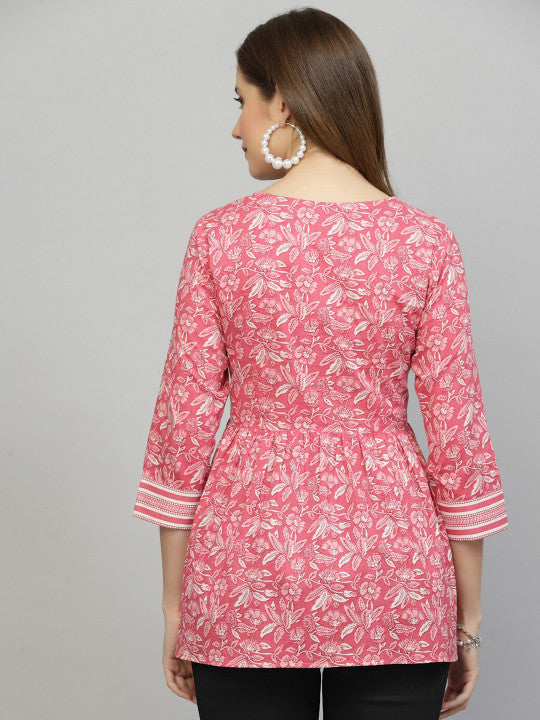 Pink Floral Cotton Empire Top for Women | Longline Square Neck Tie-Up Top