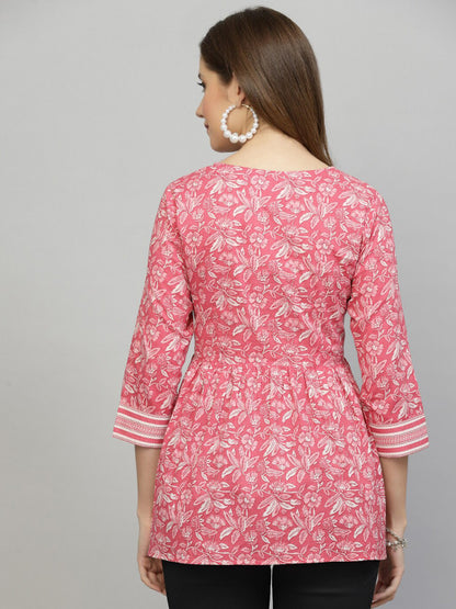 Pink Floral Cotton Empire Top for Women | Longline Square Neck Tie-Up Top