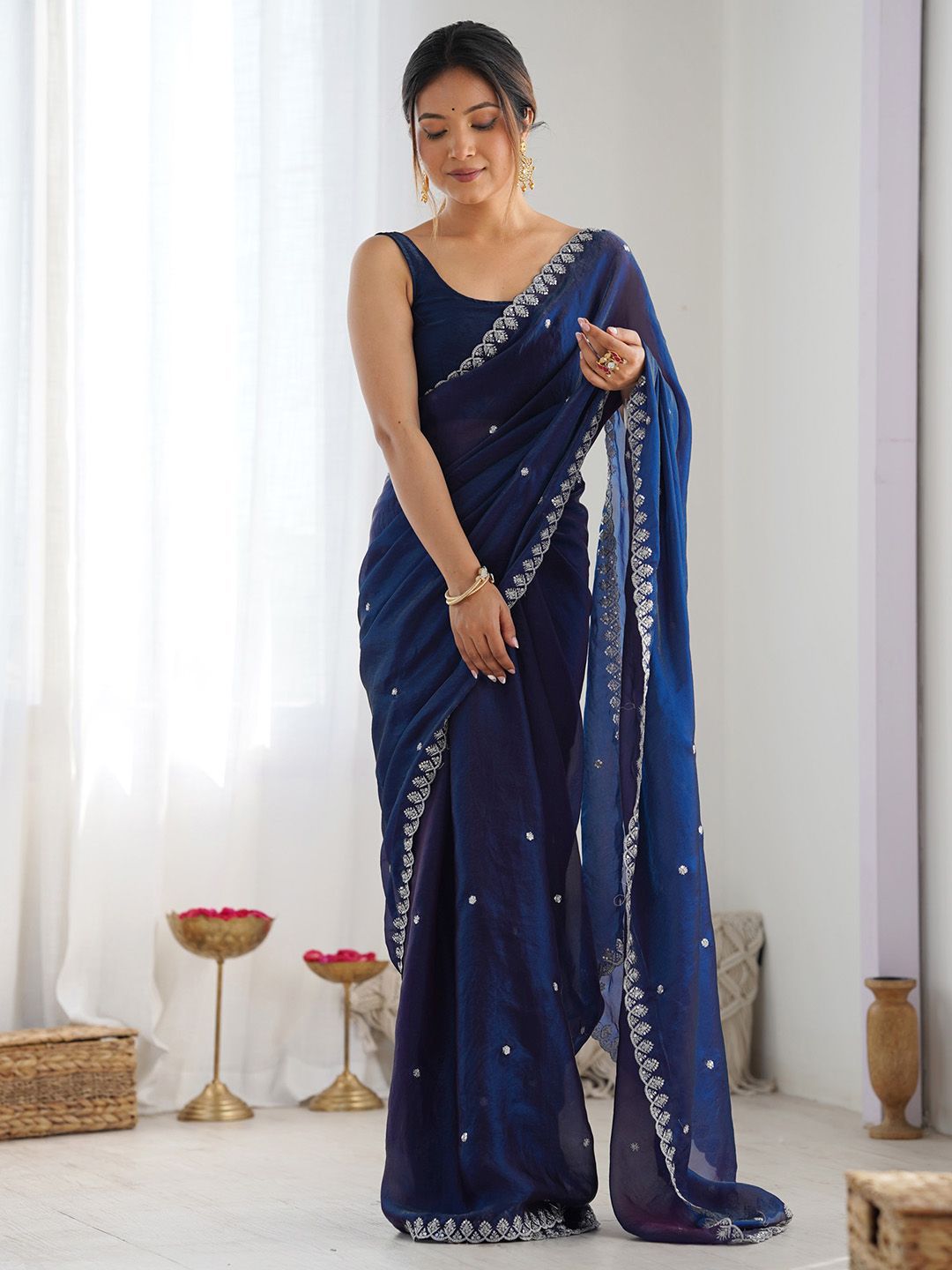 Navy Blue Sequinned Tissue Saree with Embroidered Border