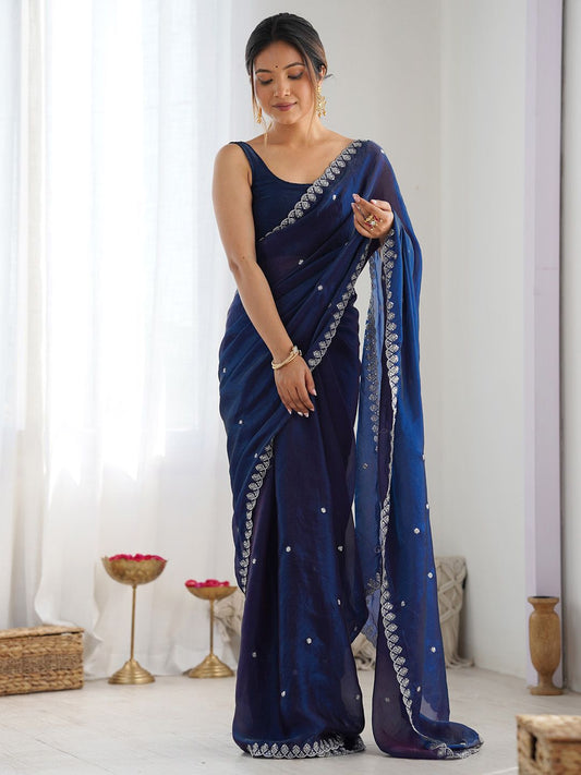 Navy Blue Sequinned Tissue Saree with Embroidered Border
