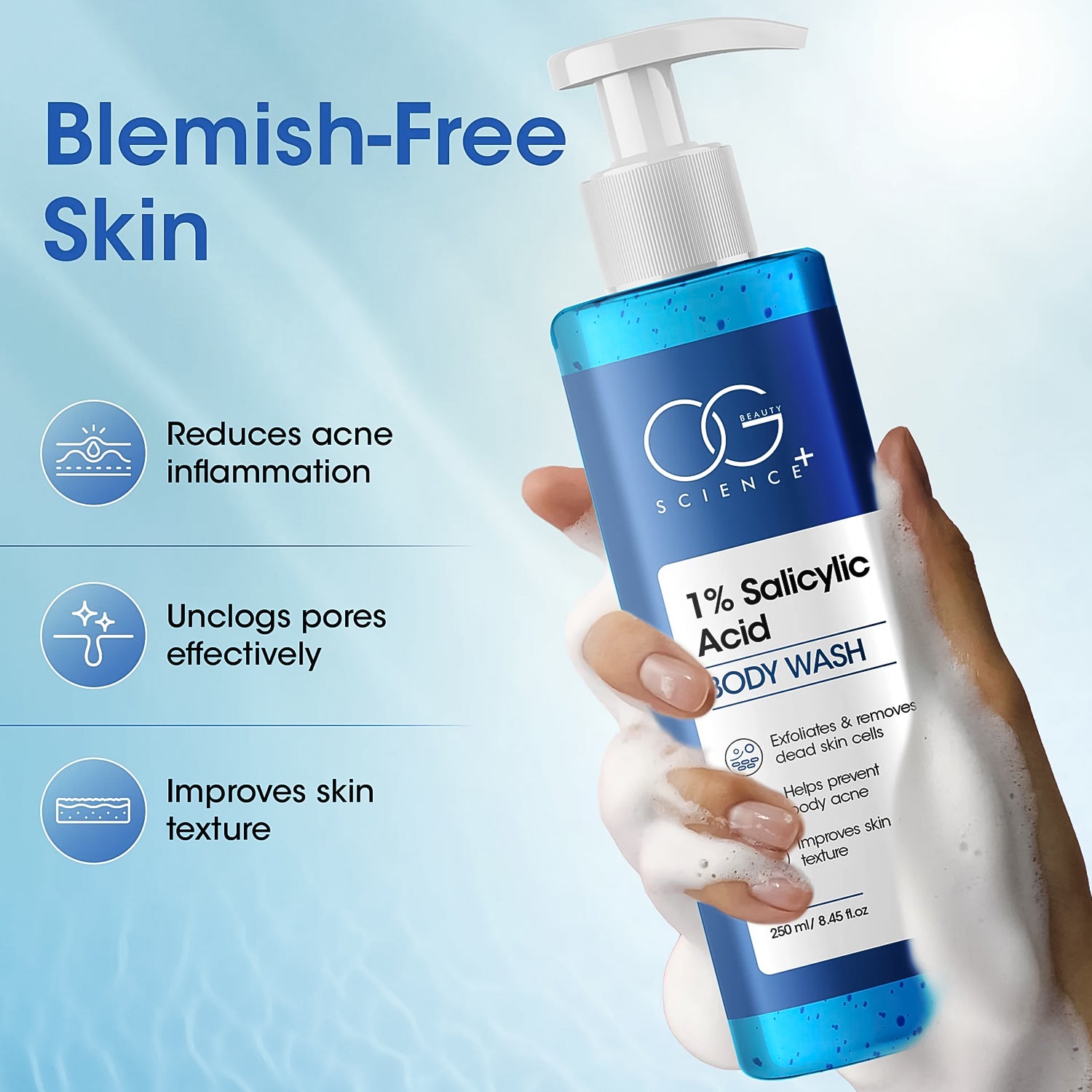 OG Beauty Science+ 1% Salicylic Acid Body Wash – Exfoliating Anti-Acne Shower Gel for Smooth, Clear & Healthy Skin – 250 ML Pump Bottle