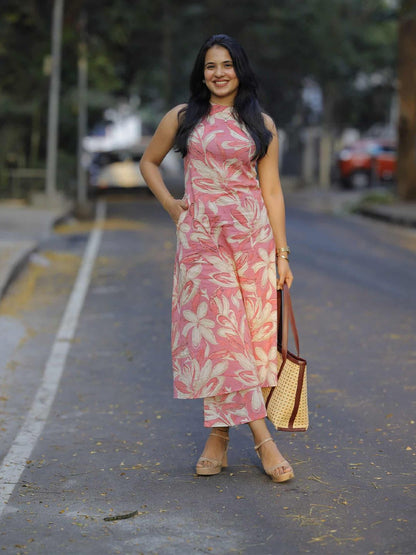 Floral Printed Band Collar Sleeveless Straight Kurta With Palazzos