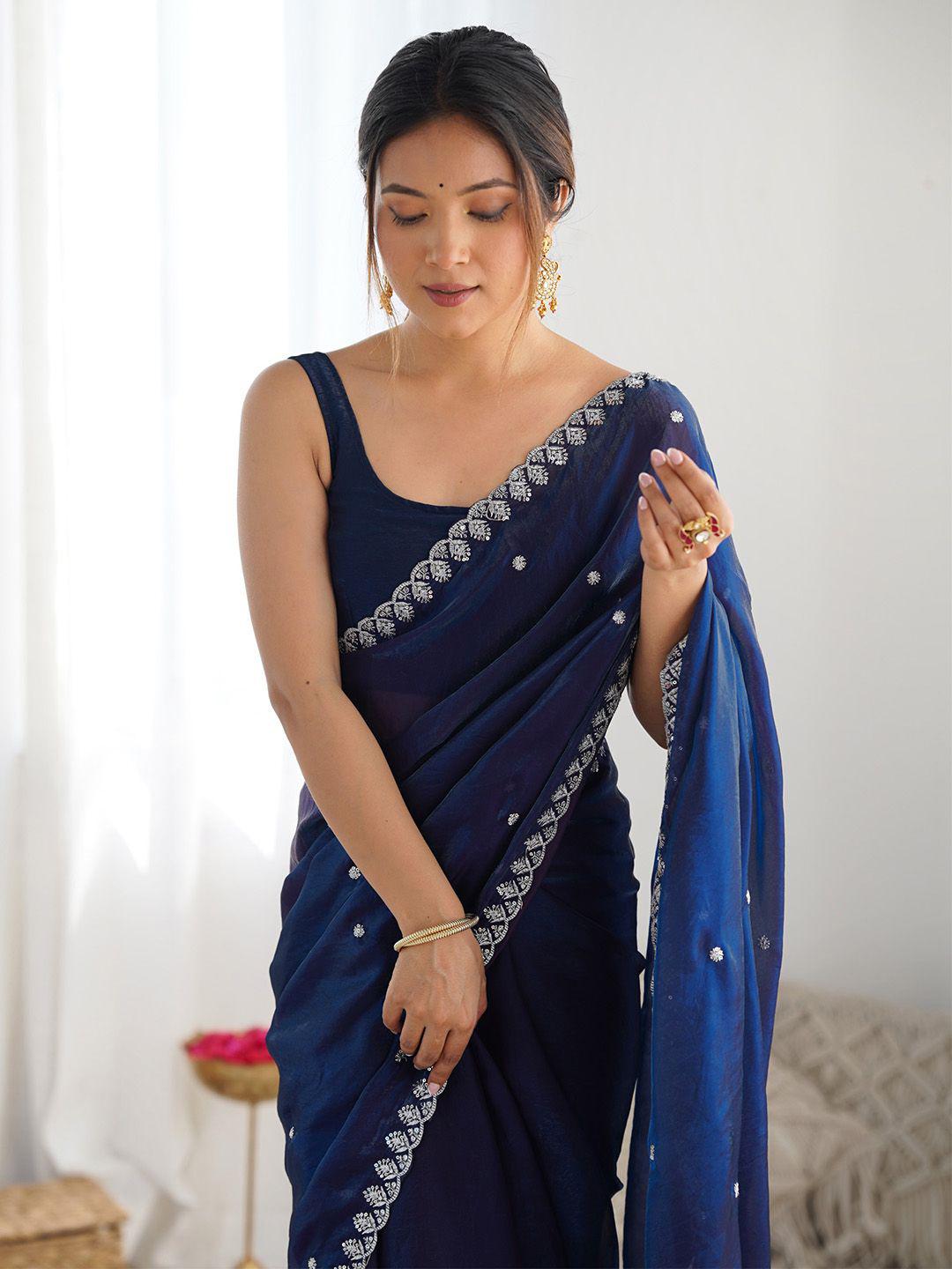 Navy Blue Sequinned Tissue Saree with Embroidered Border