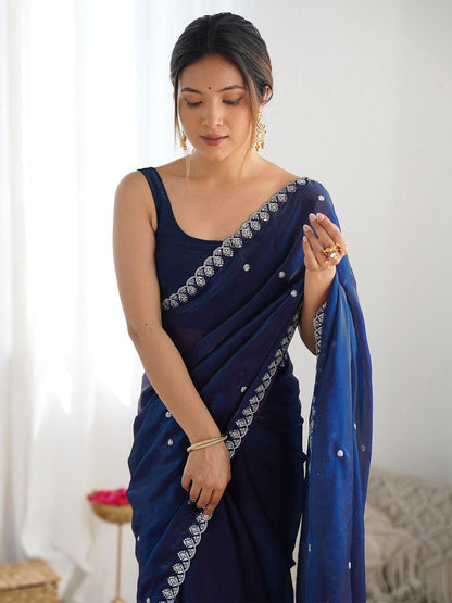 Navy Blue Sequinned Tissue Saree with Embroidered Border