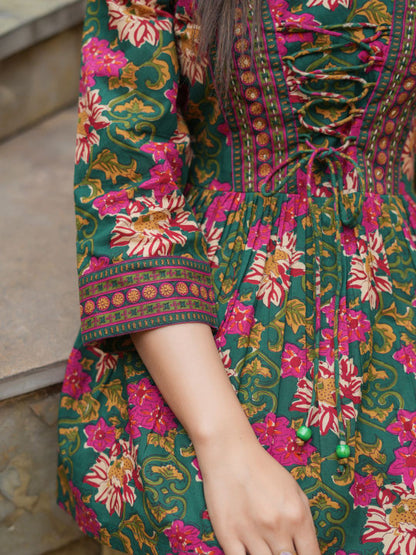 Women’s Floral Printed Rayon Peplum Top – V-Neck Tie-Up Kurti