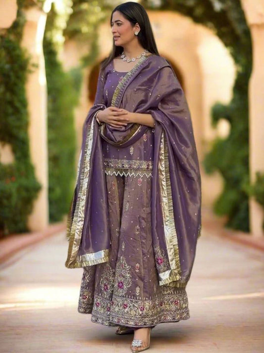 Women Pure Silk Kurti Set with Palazzos & Dupatta | Embroidered Thread Work