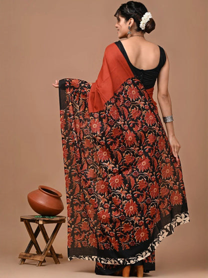 Brown Ikat Floral Printed Pure Cotton Saree for Women