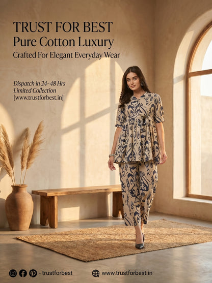 Blue & Beige Printed Pure Cotton Co-Ord Set for Women