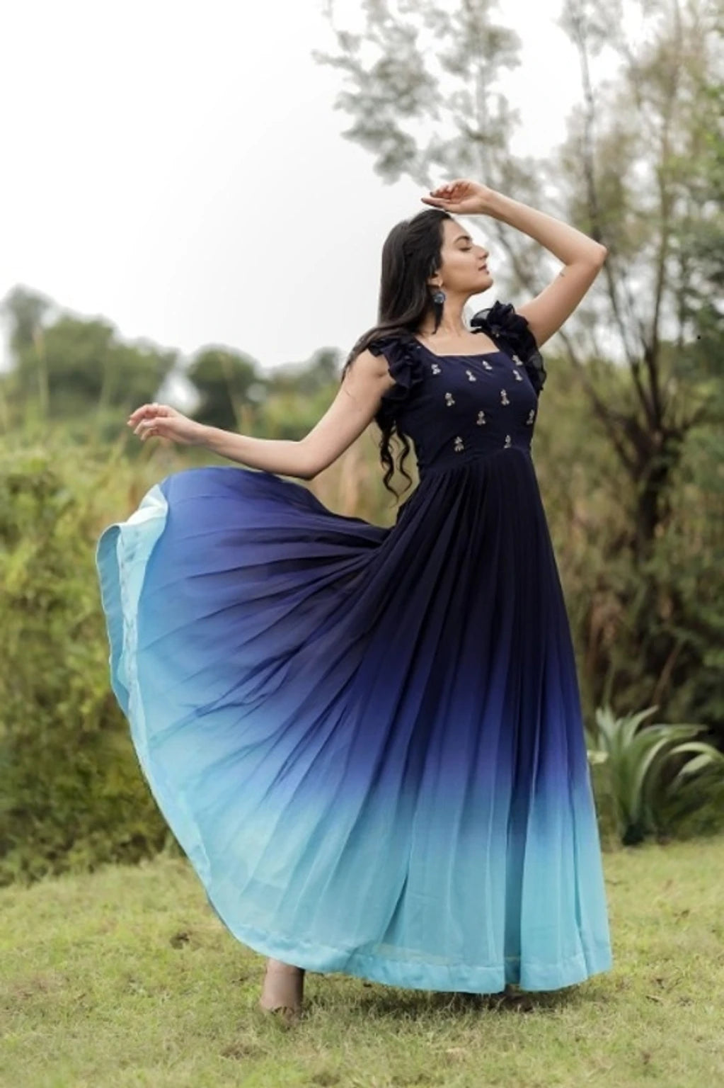 Women Embroidered Ombre Dyed Flared Maxi Ethnic Dress | Elegant Traditional Wear