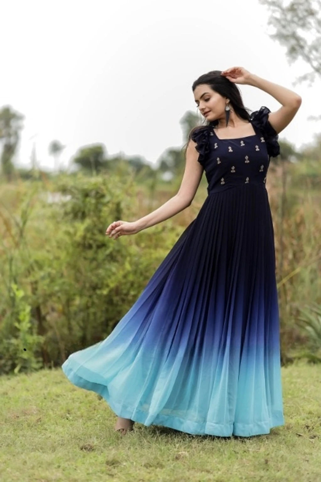 Women Embroidered Ombre Dyed Flared Maxi Ethnic Dress | Elegant Traditional Wear