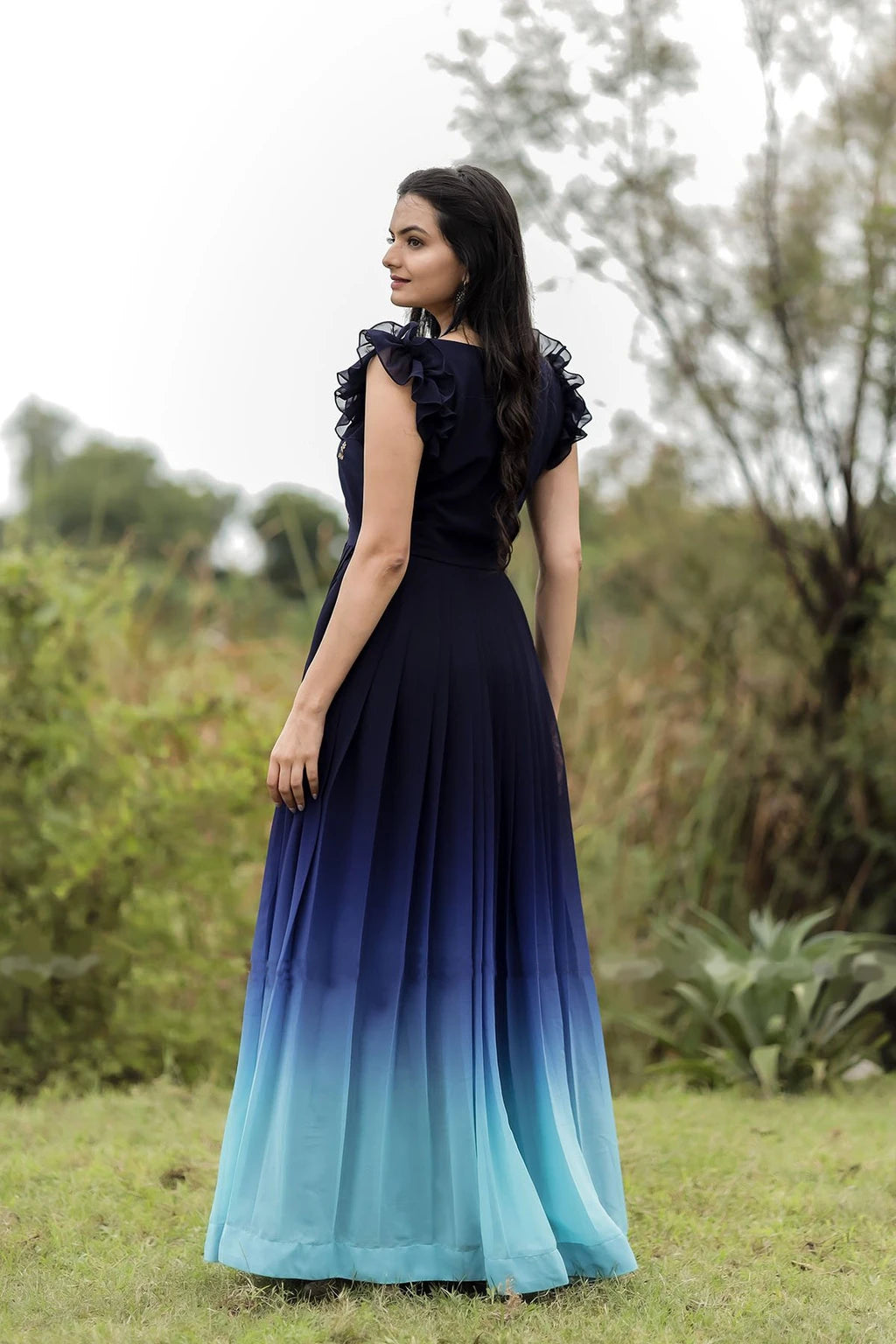 Women Embroidered Ombre Dyed Flared Maxi Ethnic Dress | Elegant Traditional Wear