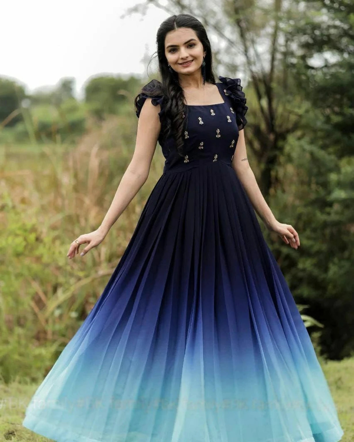 Women Embroidered Ombre Dyed Flared Maxi Ethnic Dress | Elegant Traditional Wear