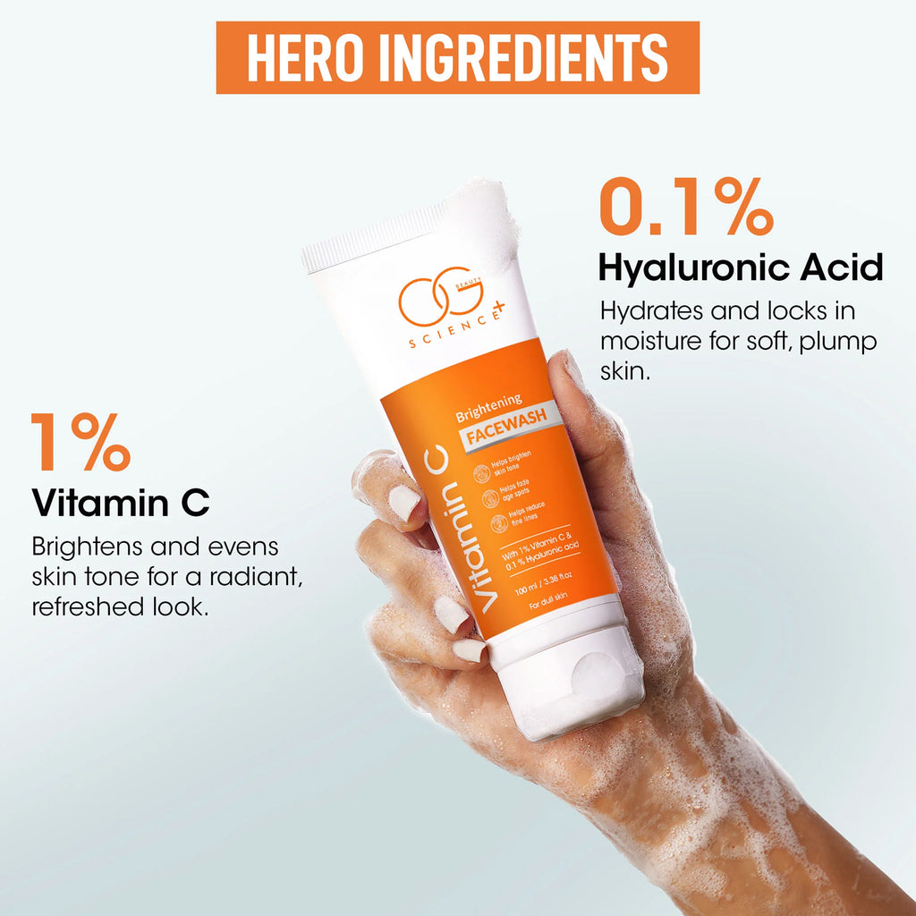 OG Beauty Vitamin C Brightening Facewash with Hyaluronic Acid – Deep Cleansing, Skin Brightening, Age Spot Reduction & Hydration – 100 ML Tube