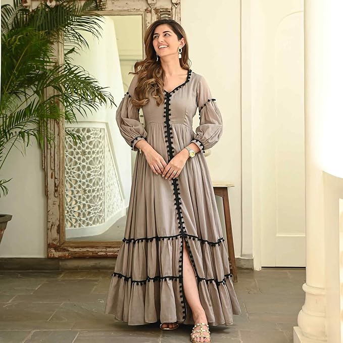 Brown Solid A-Line Dress with Puff Sleeves for Women