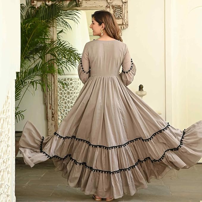 Brown Solid A-Line Dress with Puff Sleeves for Women
