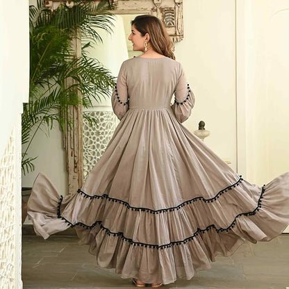 Brown Solid A-Line Dress with Puff Sleeves for Women