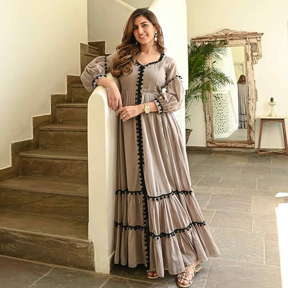 Brown Solid A-Line Dress with Puff Sleeves for Women