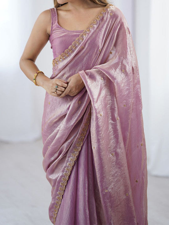 Mauve & Gold Sequinned Tissue Saree with Embellished Border