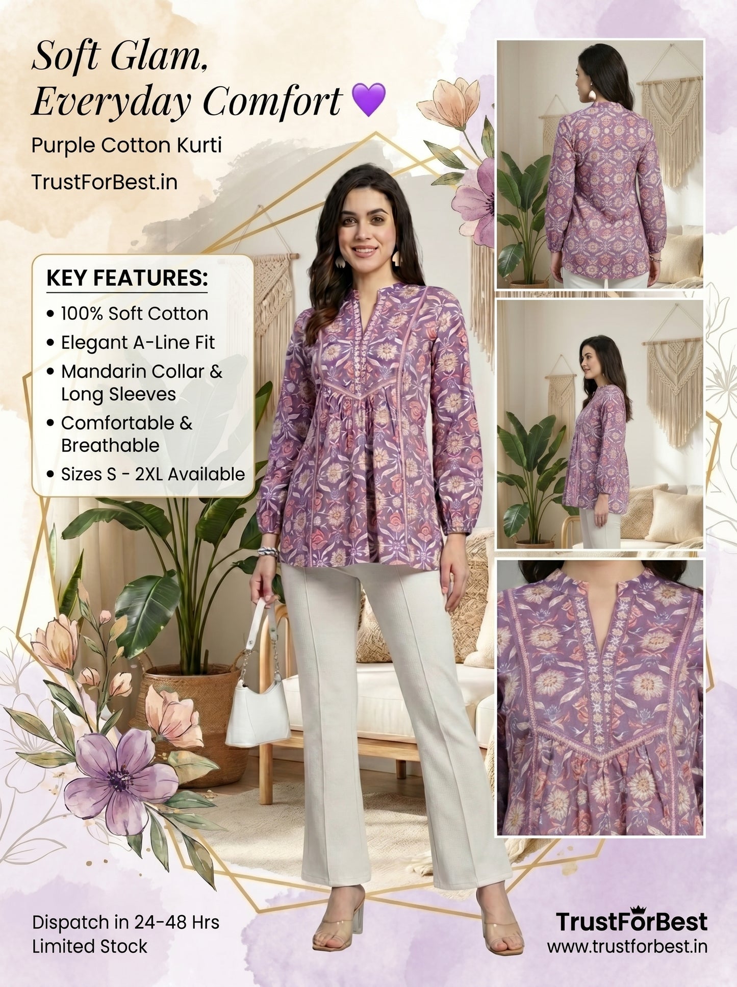 Purple Printed Cotton A-Line Top for Women | Ethnic Motif Mandarin Collar Top