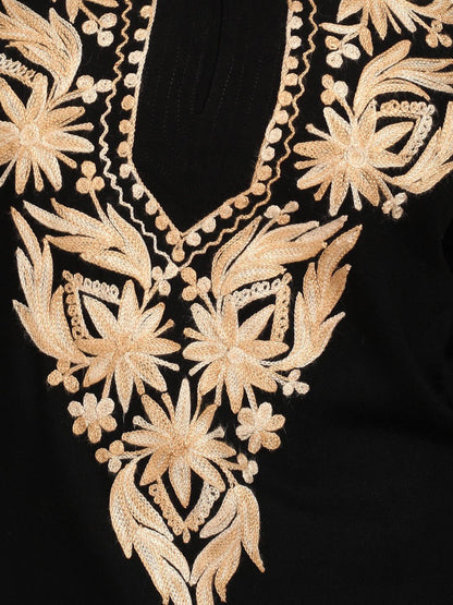 Black Gold Aari Work Kurti for Women | Embroidered Straight Liva Kurta
