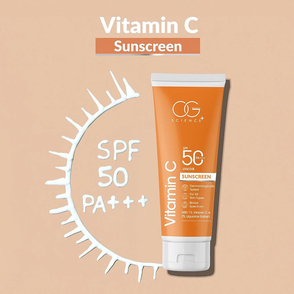 OG Beauty 50 ML Vitamin C Sunscreen SPF 50 PA+++ with Liquorice Extract – Broad Spectrum UVA/UVB Protection, Skin Brightening & Anti-Aging Sunscreen for All Skin Types