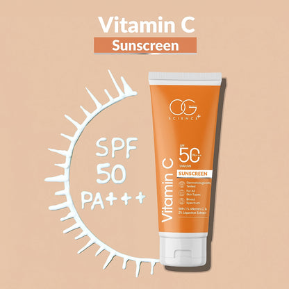 OG Beauty 50 ML Vitamin C Sunscreen SPF 50 PA+++ with Liquorice Extract – Broad Spectrum UVA/UVB Protection, Skin Brightening & Anti-Aging Sunscreen for All Skin Types