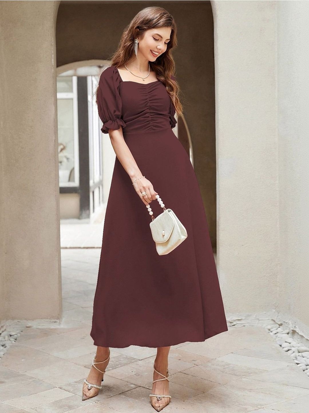 Puff Sleeve A-Line Midi Dress