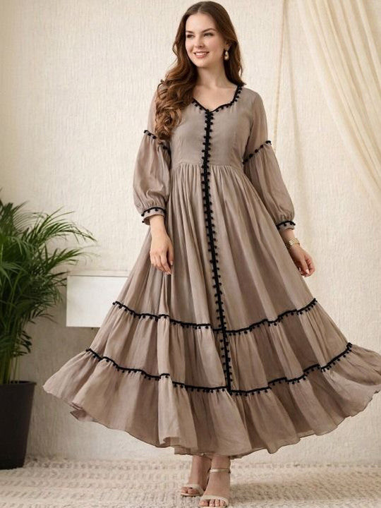Brown Solid A-Line Dress with Puff Sleeves for Women