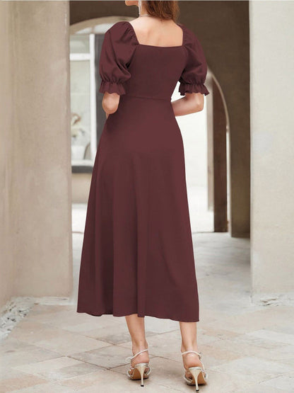 Puff Sleeve A-Line Midi Dress