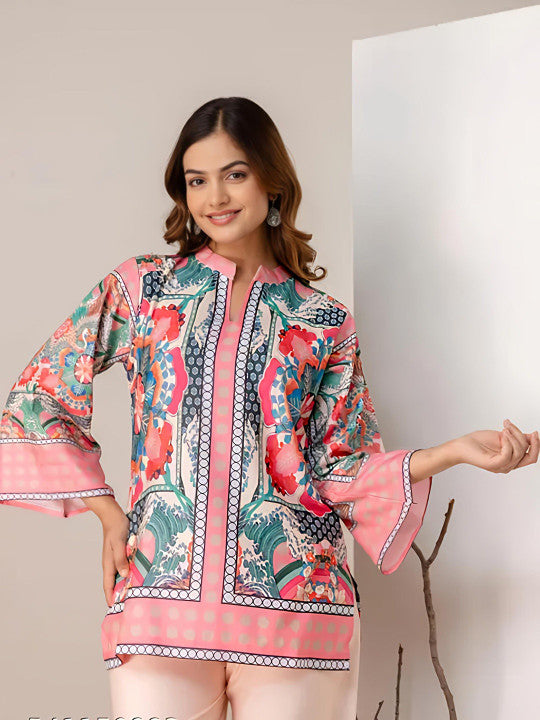 BYMNVYR Women’s Printed Cotton Kurti Palazzo Set – Mandarin Neck, Festive Wear