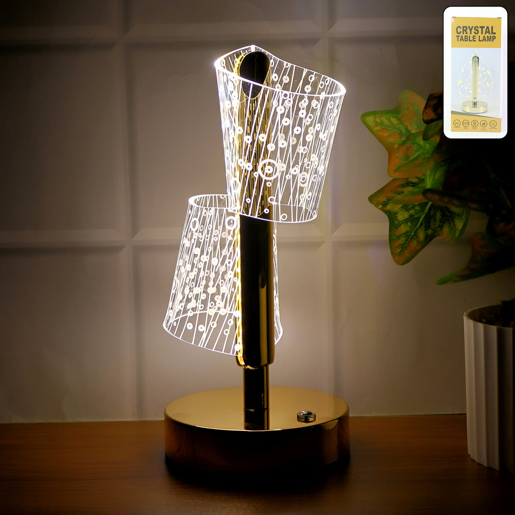 Luxury Crystal LED Double Shade Table Lamp with Golden Base – Modern Decorative Lighting for Home, Office & Gifting (1 Pc)