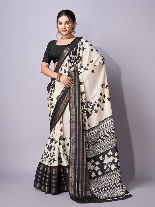 Black & White Floral Printed Chanderi Saree with Zari Border & Blouse Piece