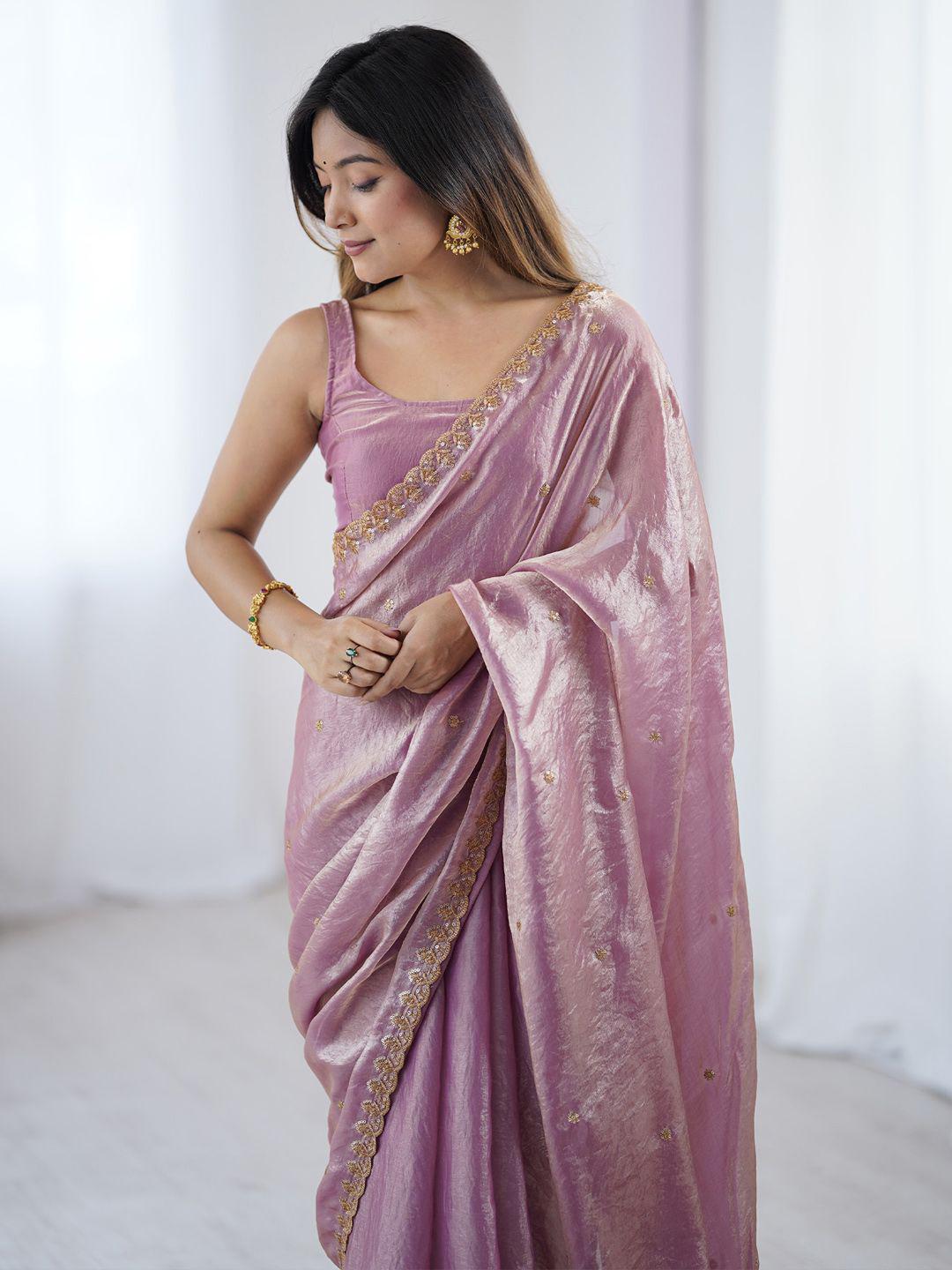 Mauve & Gold Sequinned Tissue Saree with Embellished Border