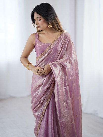 Mauve & Gold Sequinned Tissue Saree with Embellished Border