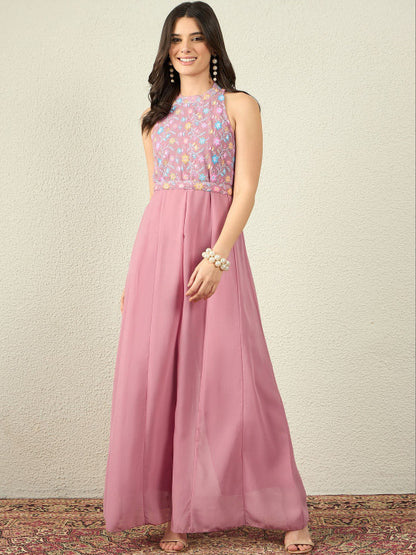 Embroidered Halter Neck Jumpsuit for Women | Sleeveless Polyester Casual Wear