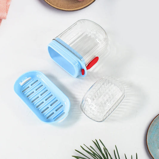 Multifunctional Soap Box with Drain Tray & Lock Clip – Travel-Friendly Transparent Soap Case (1 Pc)