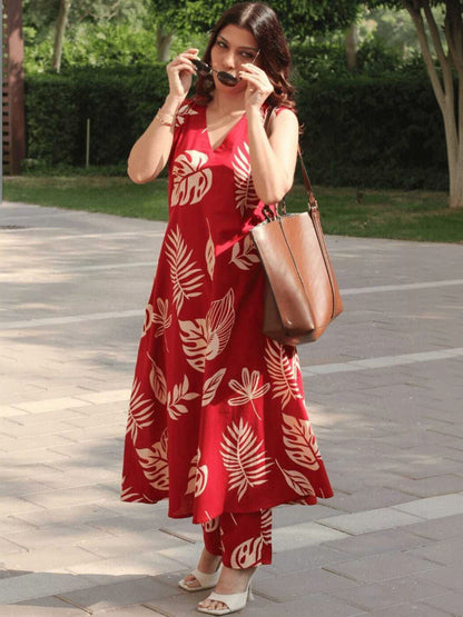 Women Printed Sleevlees Kurta Plazzos Set