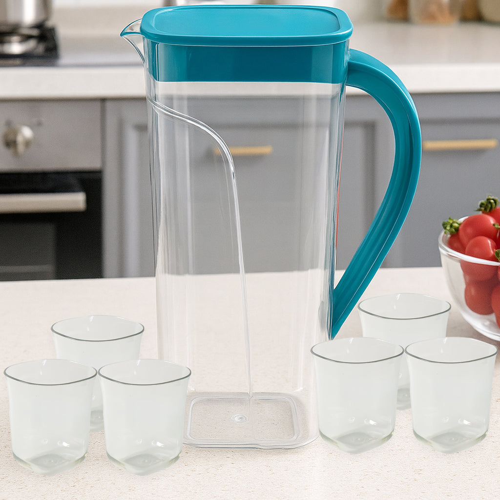 Marina Jug with 6 Glass Set – 1500 ml Water Jug with 200 ml Glasses, Unbreakable Plastic Drinkware Set for Juice, Water &amp; Beverages